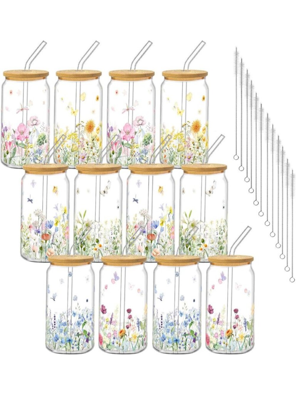 Floral Glass Drinking Cups with Lids, 16oz, 12-Pack for Iced Coffee & Beverages